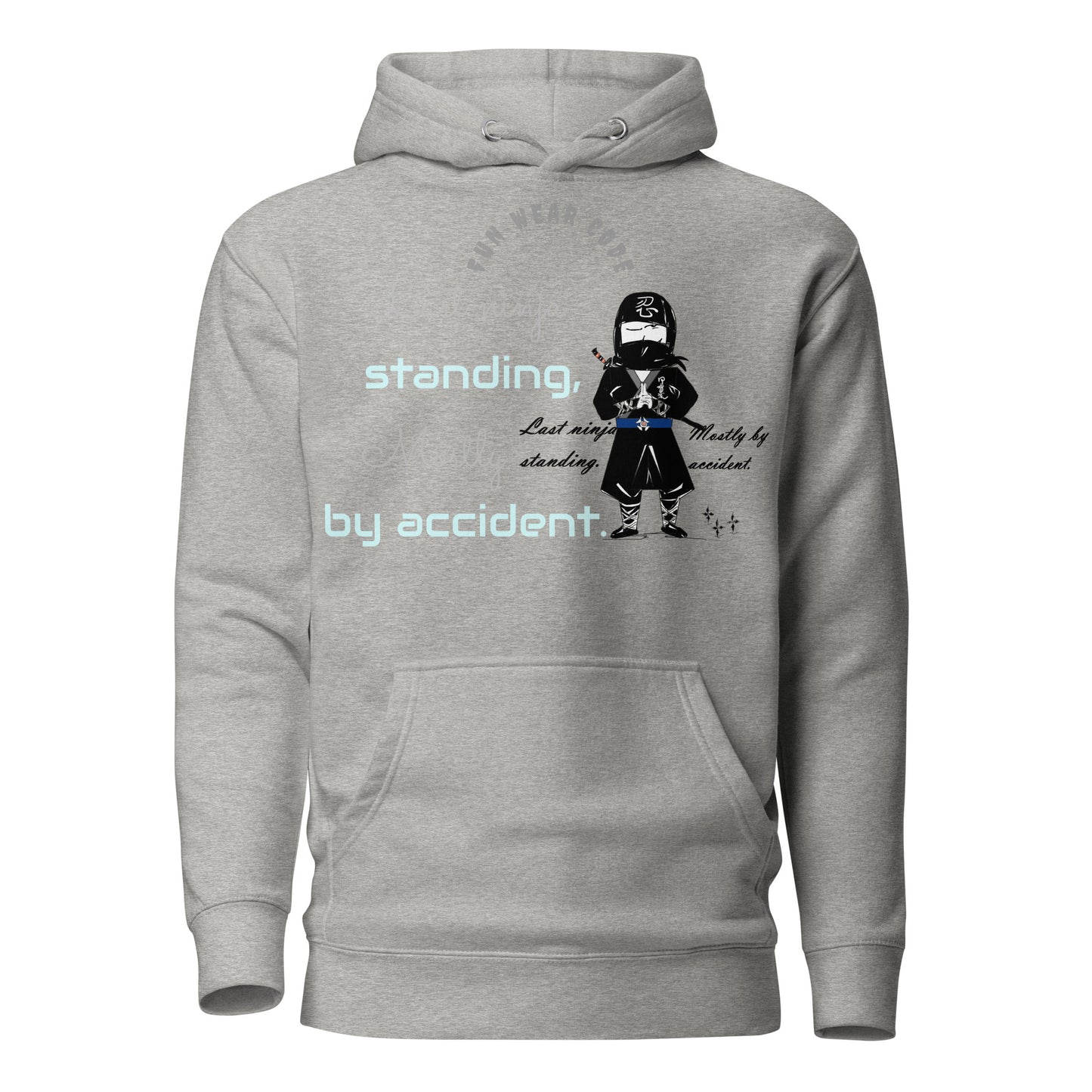 Gray hoodie with a ninja graphic design and text on a white background