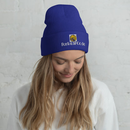 Woman wearing a blue beanie with 'FunWearCode' logo against a light gray background