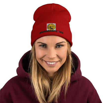 Person wearing a red beanie with a "FunWearCode" logo and a maroon hoodie on a white background