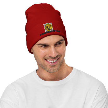 Man wearing a red beanie with a "FunWearCode" logo on a white background