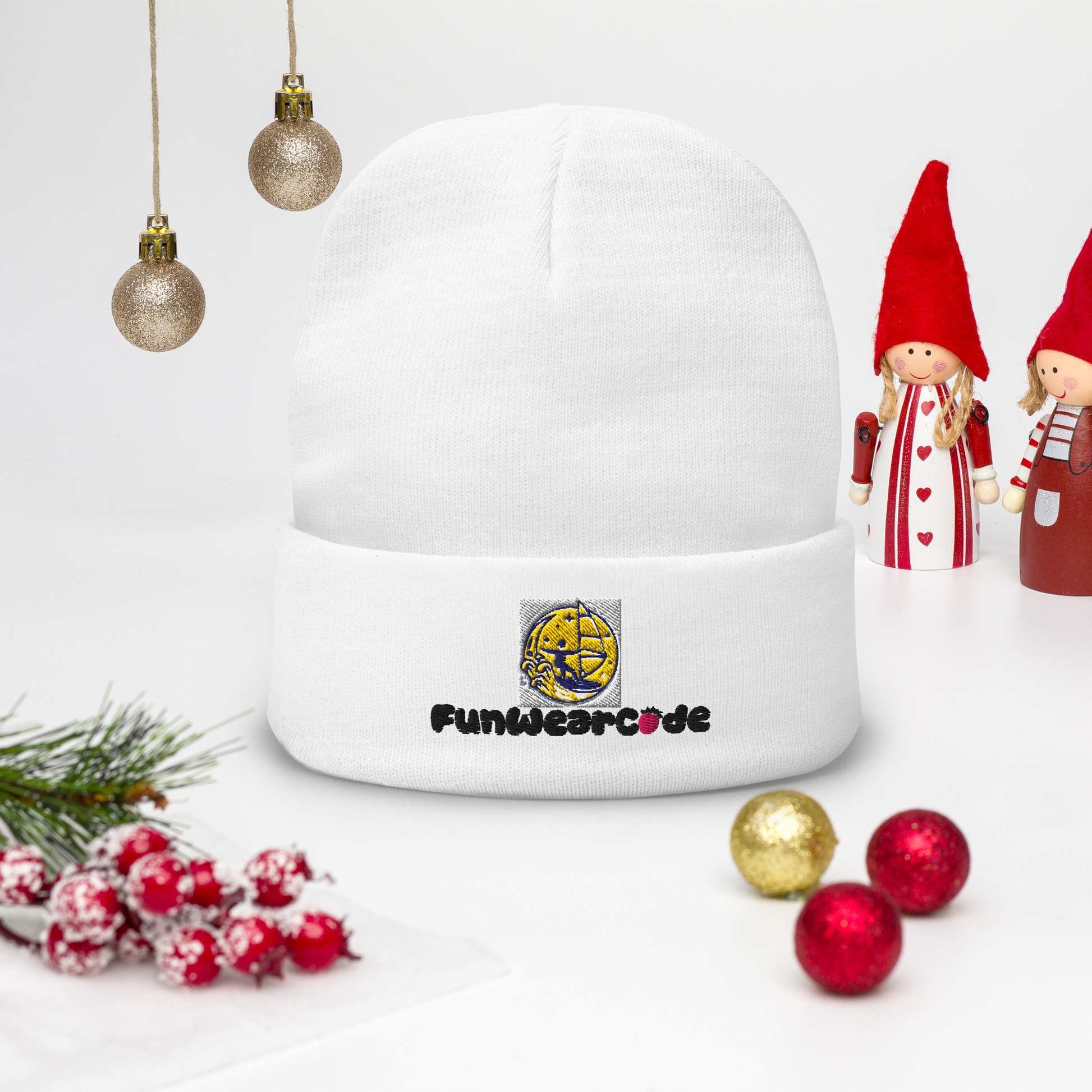 White hat with Funwearcode logo, Christmas decorations, and small figurines on a white background