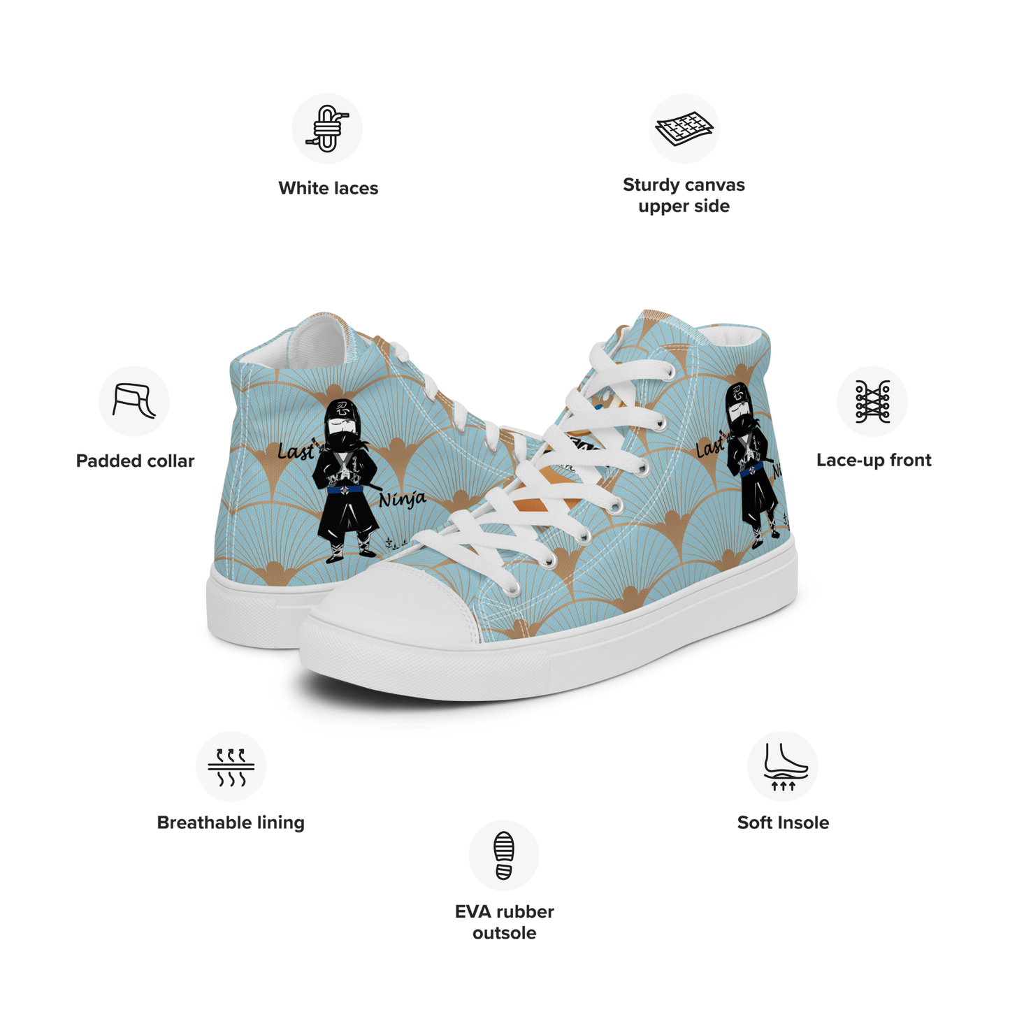 High-top sneakers with a playful ninja graphic design and white laces, featuring a text 'Last ninja' and brand label 'Funwearcode' in a white background.