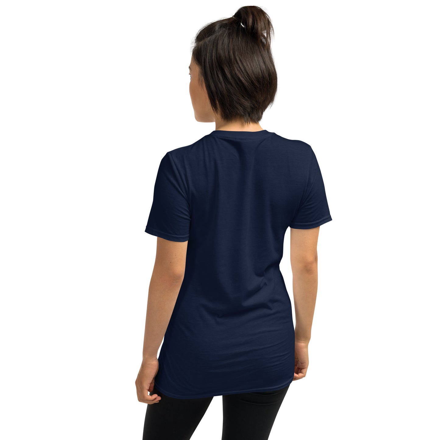 Back view of a lady model wearing a navy t-shirt on a white background