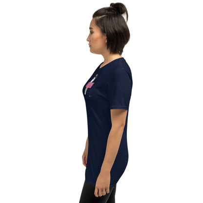 Side view of a lady model wearing a navy t-shirt with a Japanese Geisha graphic design on a white background