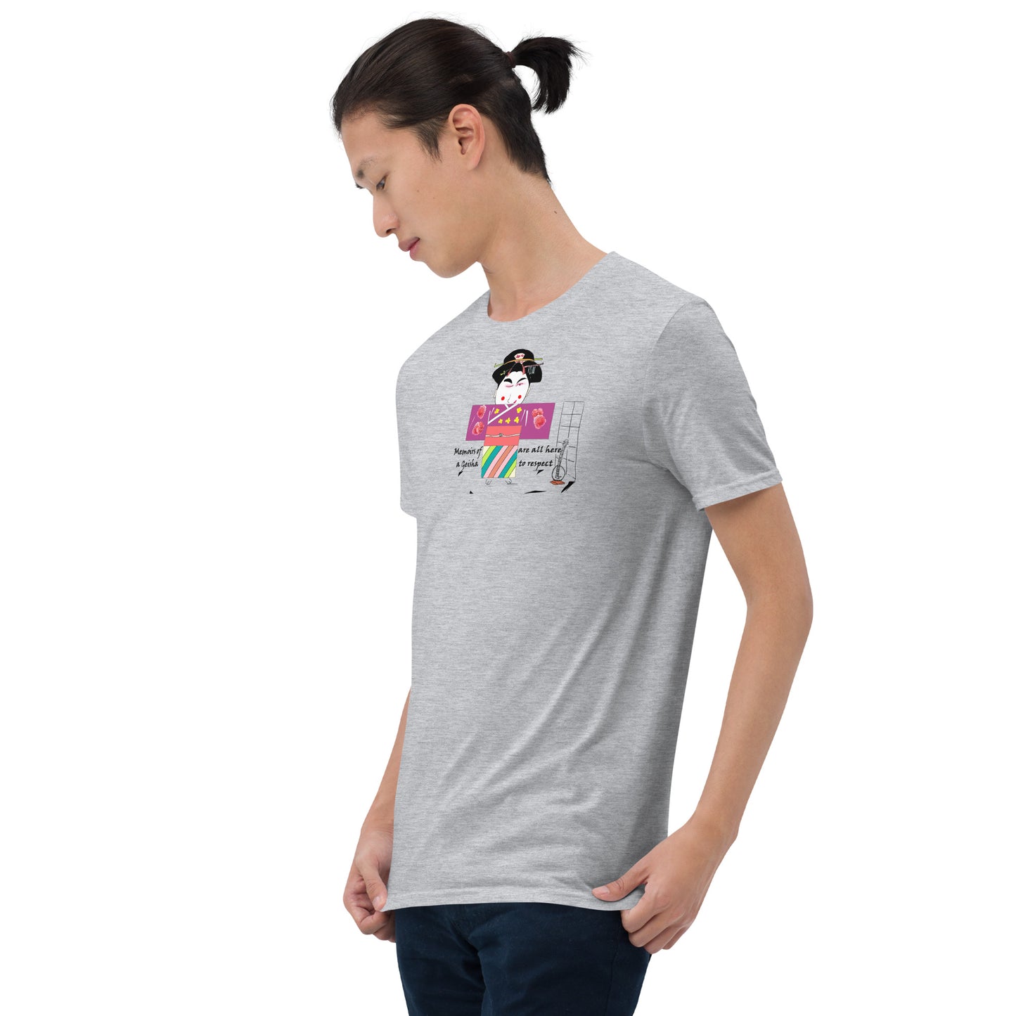 Left side view of a man model wearing a gray t-shirt with a Japanese Geisha graphic design on a white background
