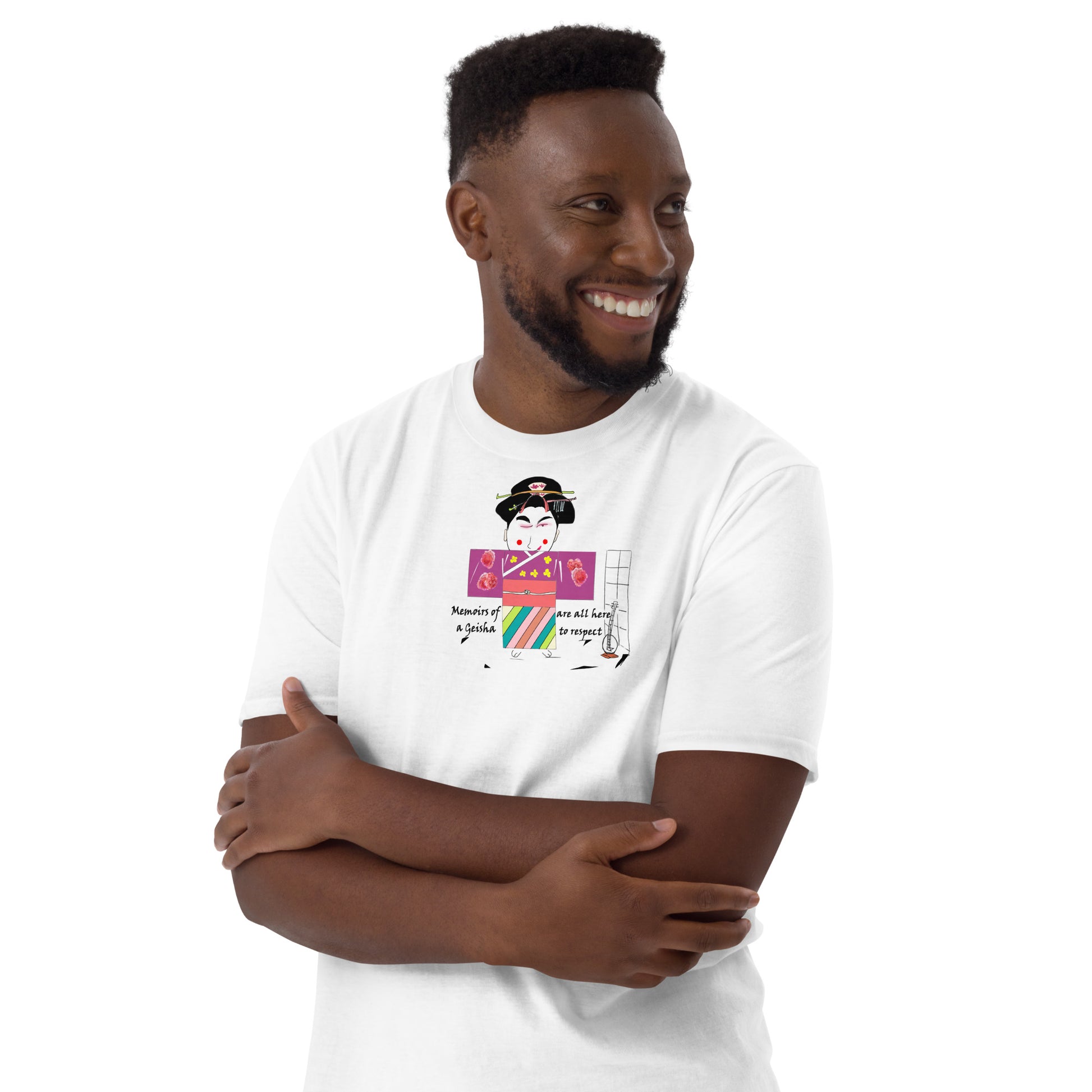 Left side view of an African man model wearing a white t-shirt with a Japanese Geisha graphic design on a white background