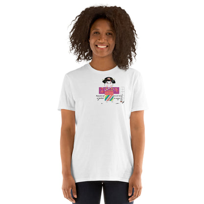 Front view of a lady model wearing a white t-shirt with a Japanese Geisha graphic design on a white background