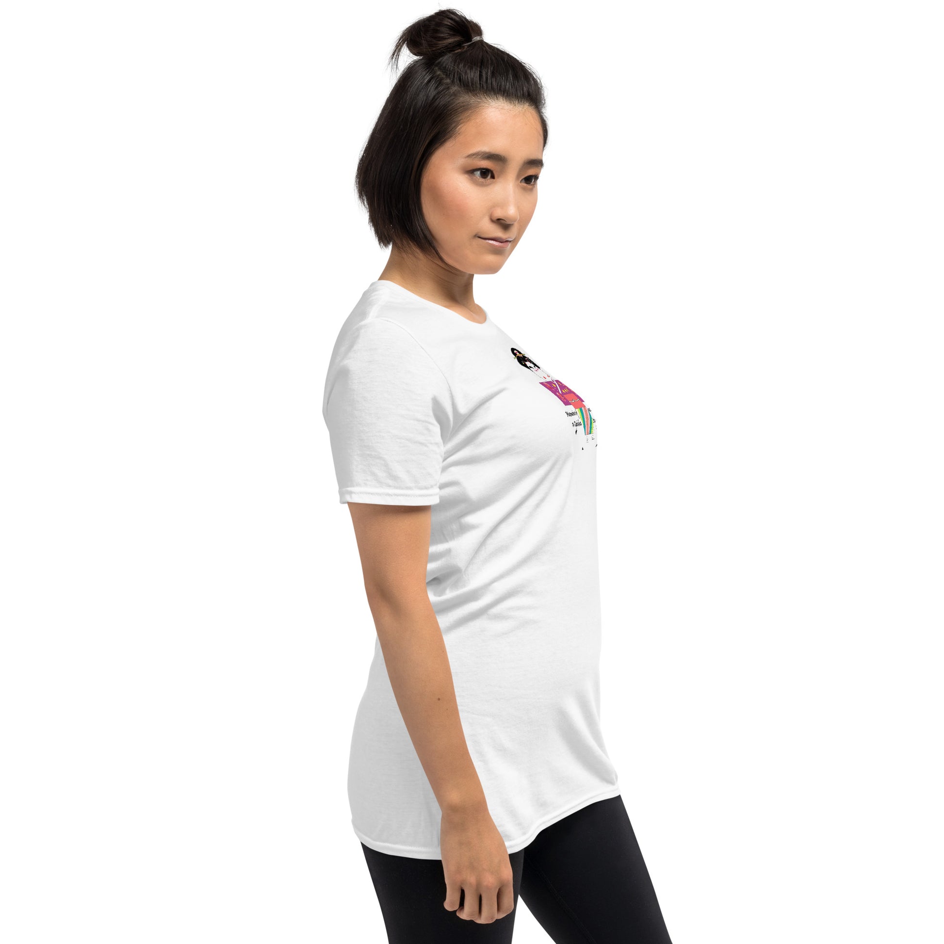 Right side view of a lady model wearing a white t-shirt with a Japanese Geisha graphic design on a white background
