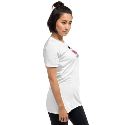Right side view of a lady model wearing a white t-shirt with a Japanese Geisha graphic design on a white background