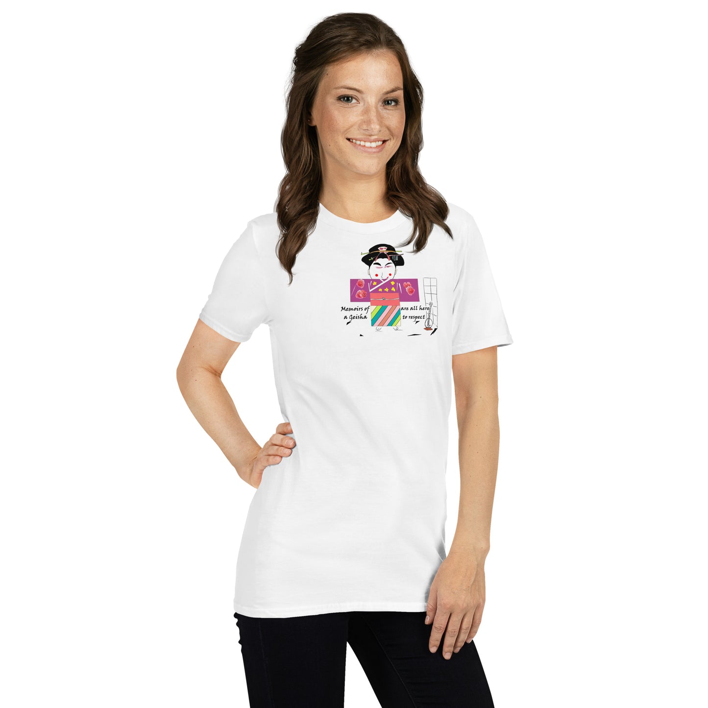 Front view of a lady model wearing a white t-shirt with a Japanese Geisha graphic design on a white background