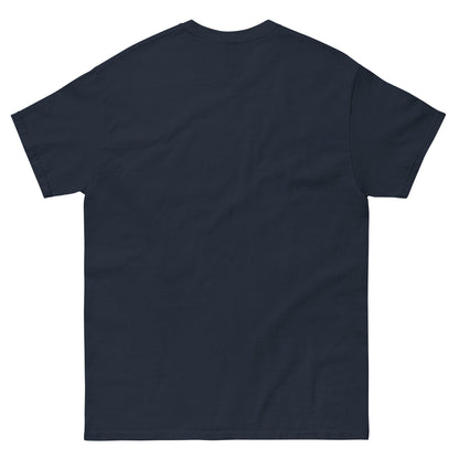 Back view of a navy T-shirt on a white background