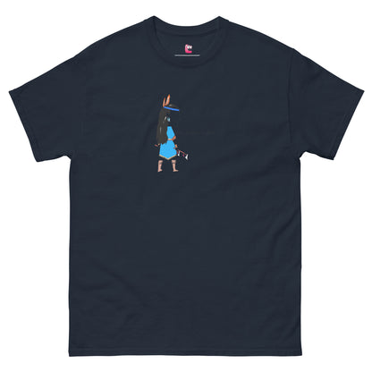 Front view of a navy t-shirt with an American Indian woman graphic design on a white background