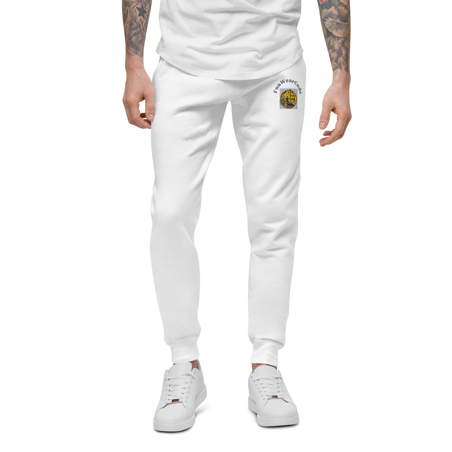 Person wearing white jogger pants with a 'Fun Wear Code' logo on a white background