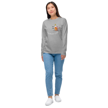 Person wearing a gray long-sleeve shirt with a playful Thai lady graphic and text "fun wear code" and blue jeans on a white background