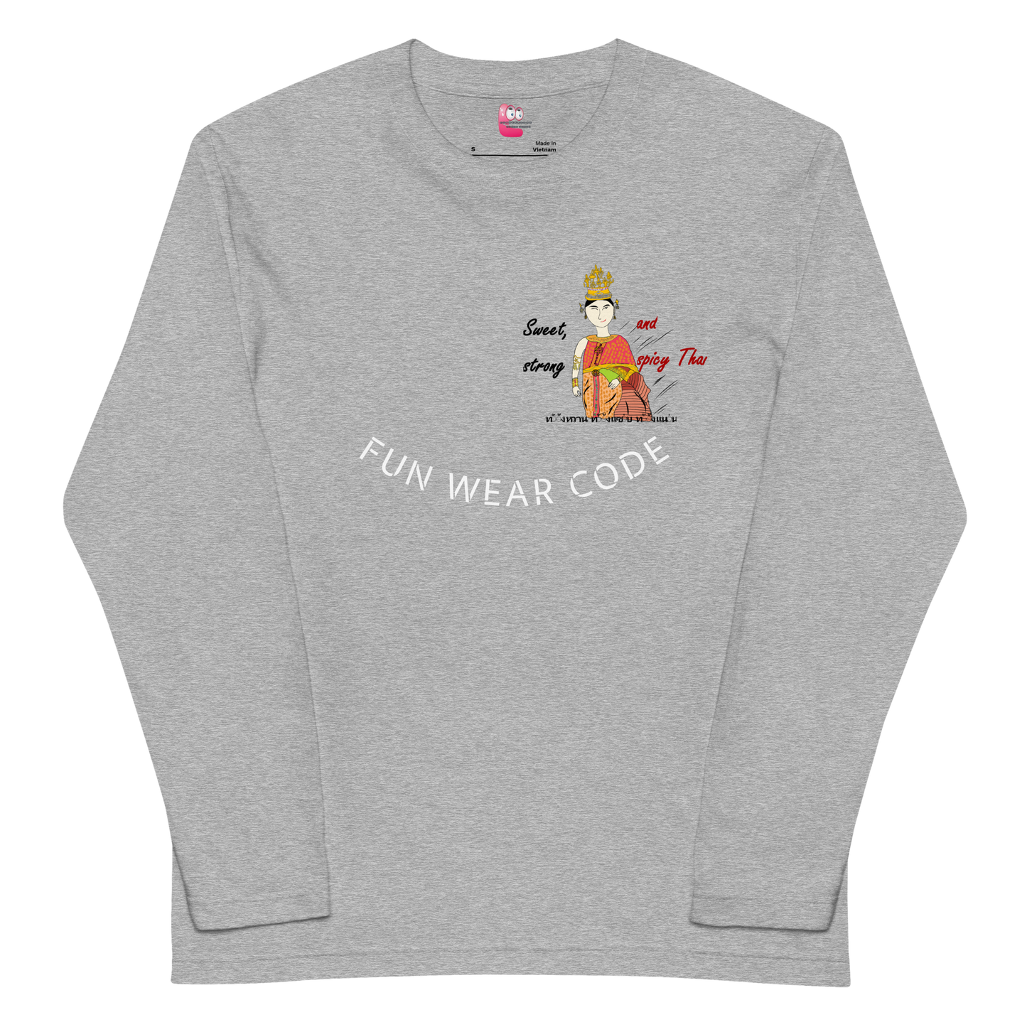 Gray long-sleeve shirt with a playful Thai lady graphic and text "fun wear code" on a white background