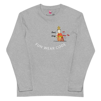 Gray long-sleeve shirt with a playful Thai lady graphic and text "fun wear code" on a white background