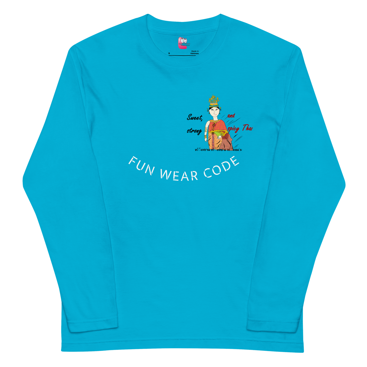 Blue long-sleeve shirt with a playful Thai lady graphic and text "fun wear code" on a white background