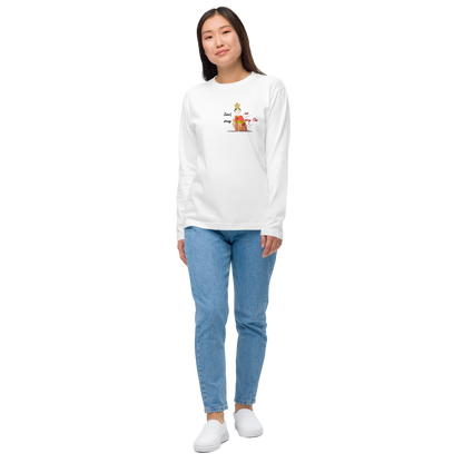 Person wearing a white long-sleeve shirt with a playful Thai lady graphic and text "fun wear code" and blue jeans on a white background