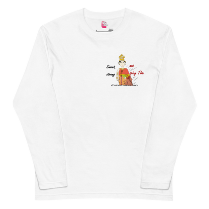 White sweatshirt with a playful Thai lady graphic and text "fun wear code" on a white background