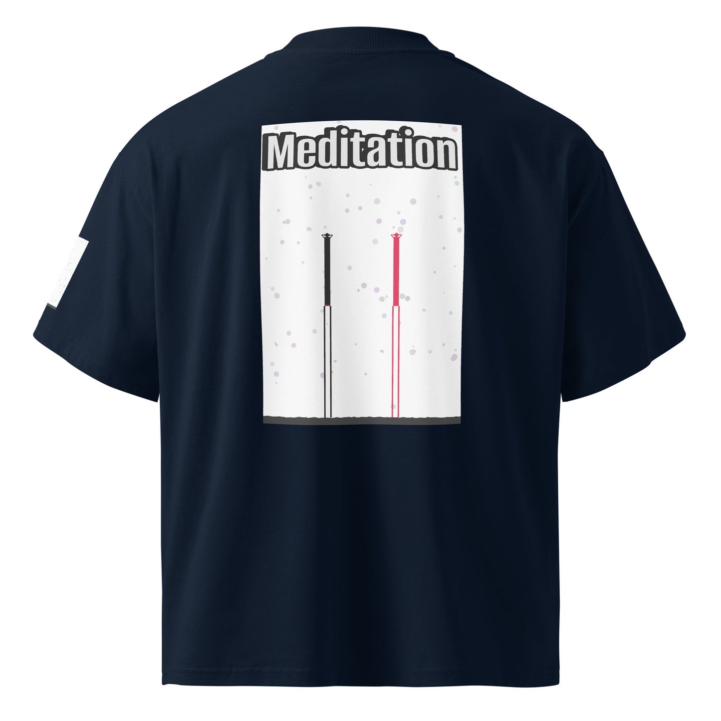 Navy blue t-shirt with 'Meditation' text and two abstract long-leg human graphic on the back against a white background