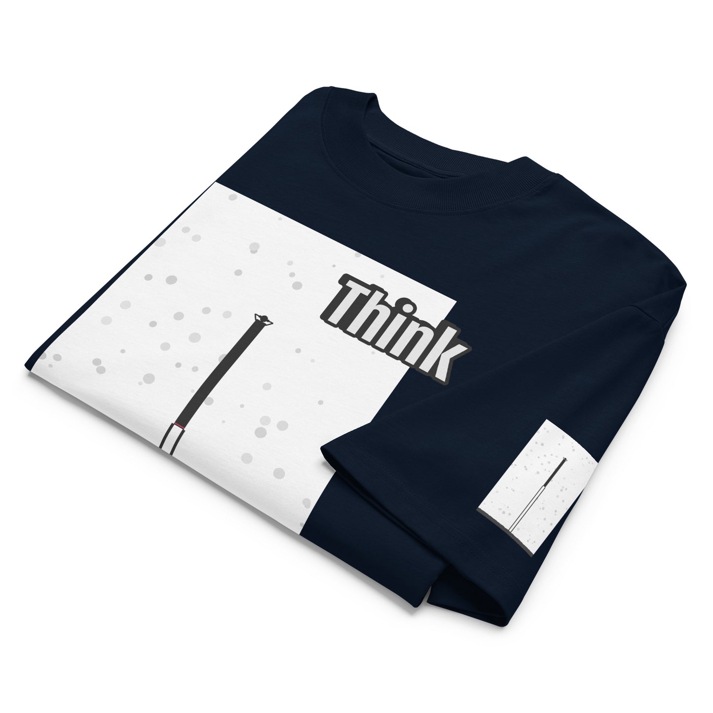 Folded navy blue and white t-shirt with 'Think' text and an abstract long-leg human graphic on a white background