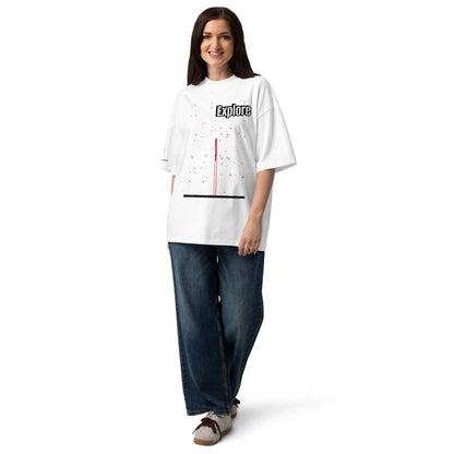 Woman wearing a white t-shirt with text and graphics on a white background