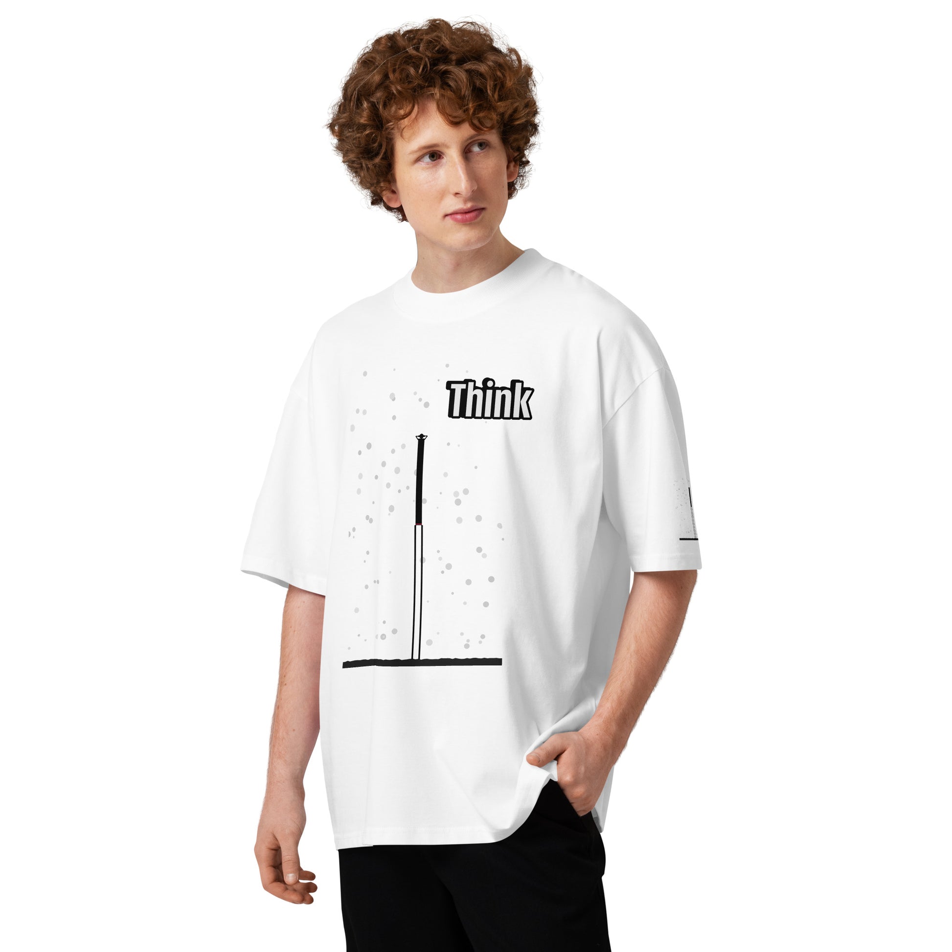 Person wearing a white t-shirt with an abstract long-leg human graphic design on a white background
