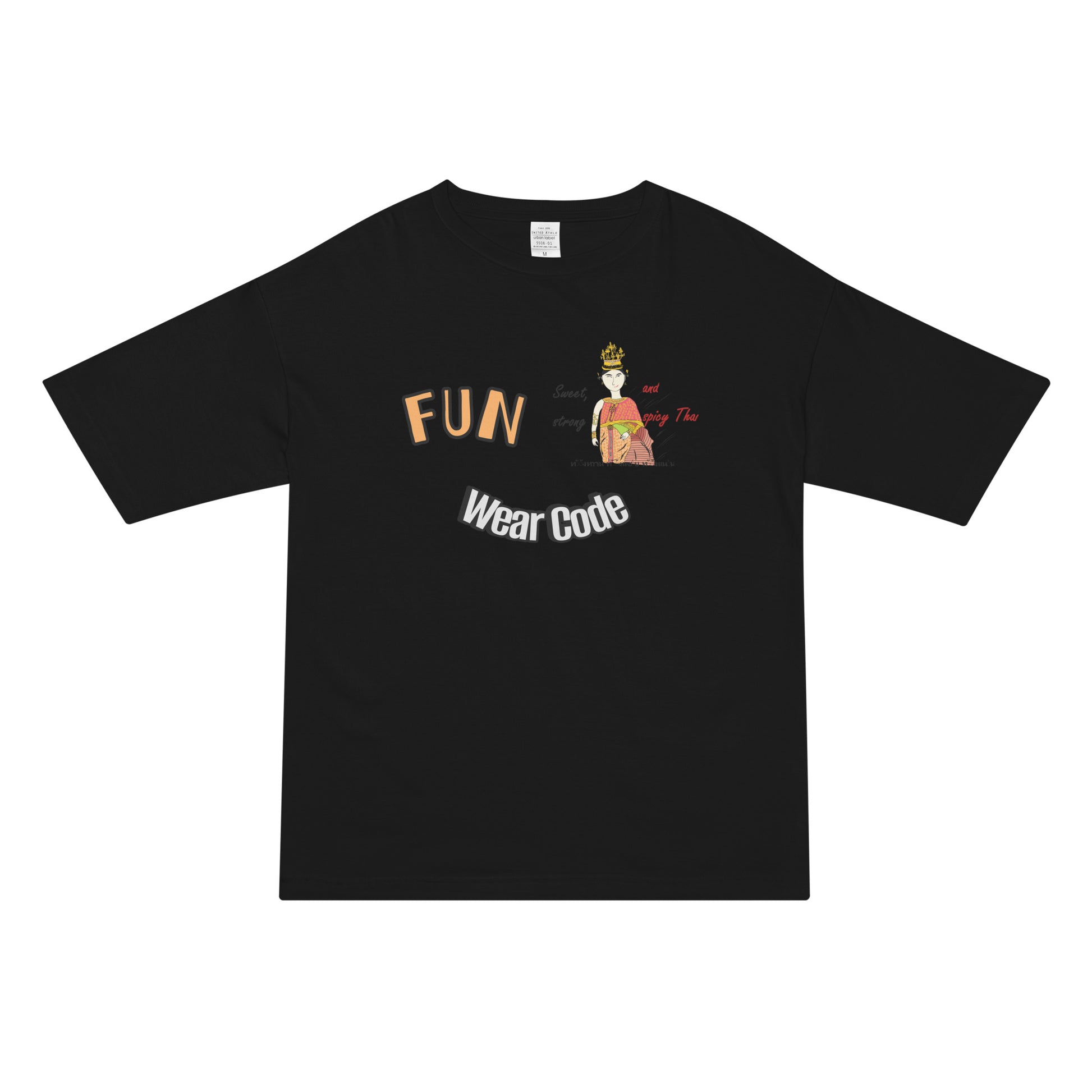 Black t-shirt with 'FUN Wear Code' text and a playful Thai woman graphic on a white background