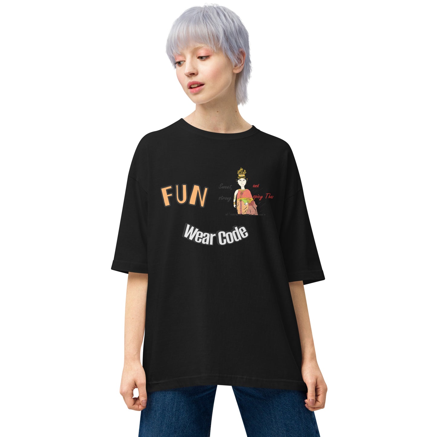 Person wearing a black t-shirt with 'FUN Wear Code' text and a playful Thai woman graphic on a white background
