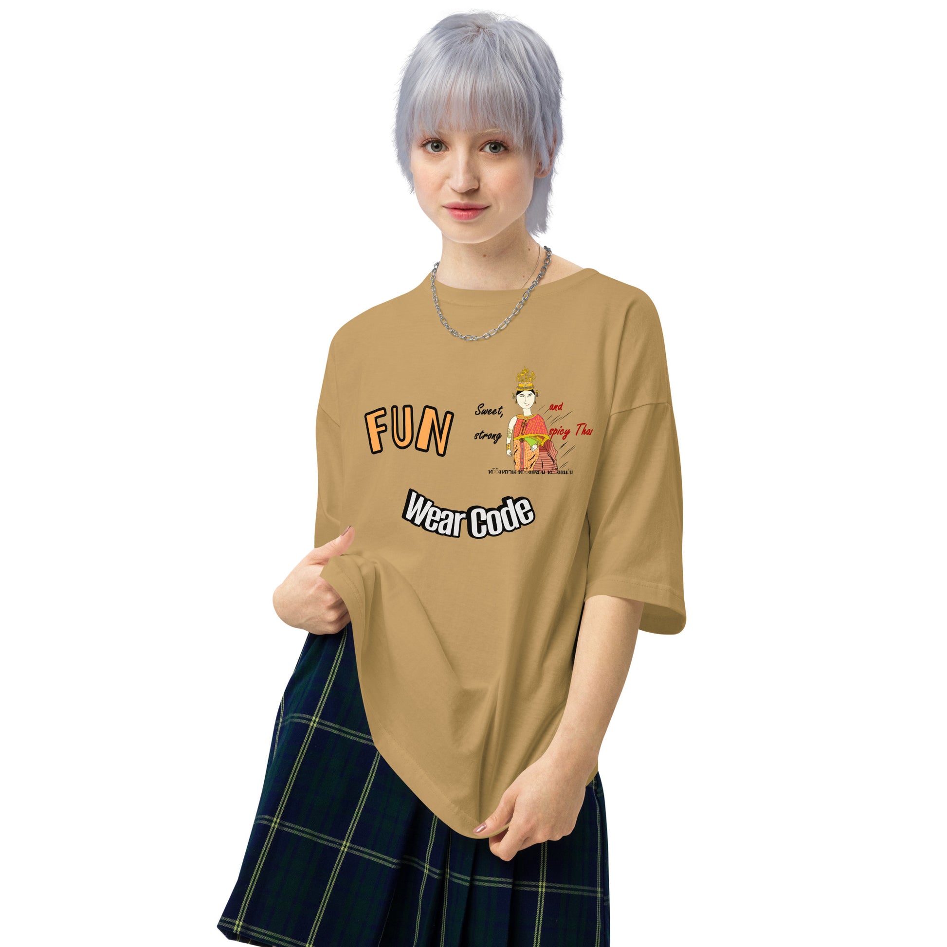 Person wearing a beige t-shirt with 'FUN Wear Code' text and a playful Thai woman graphic on a white background