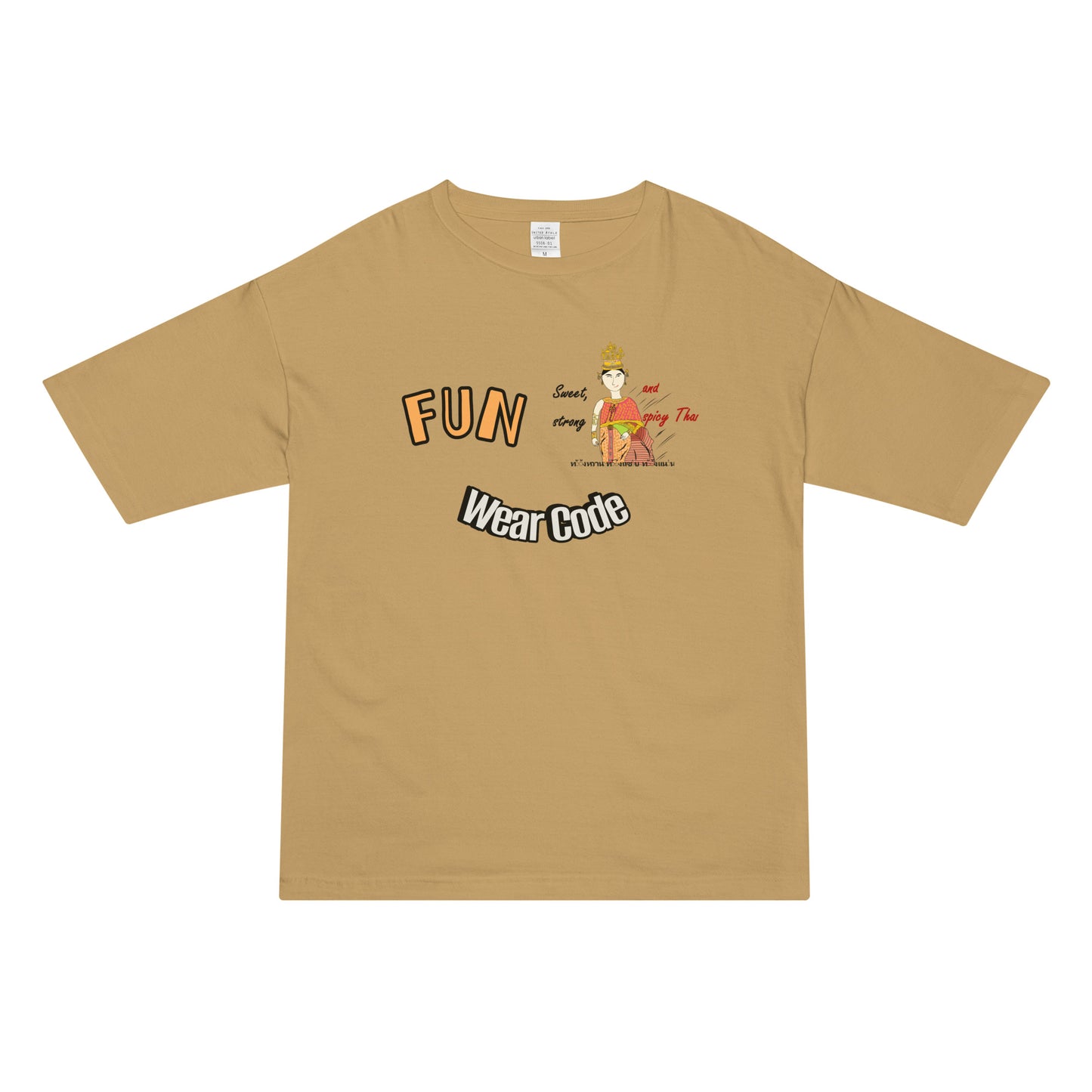Beige t-shirt with 'FUN Wear Code' text and a playful Thai woman graphic on a white background