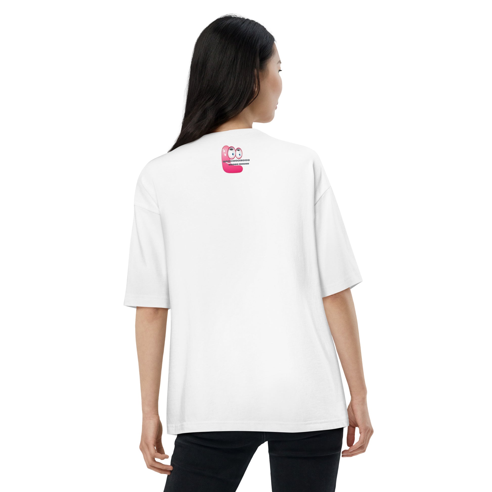Person wearing a white t-shirt with a pink logo "Fun Wear Code" on the back