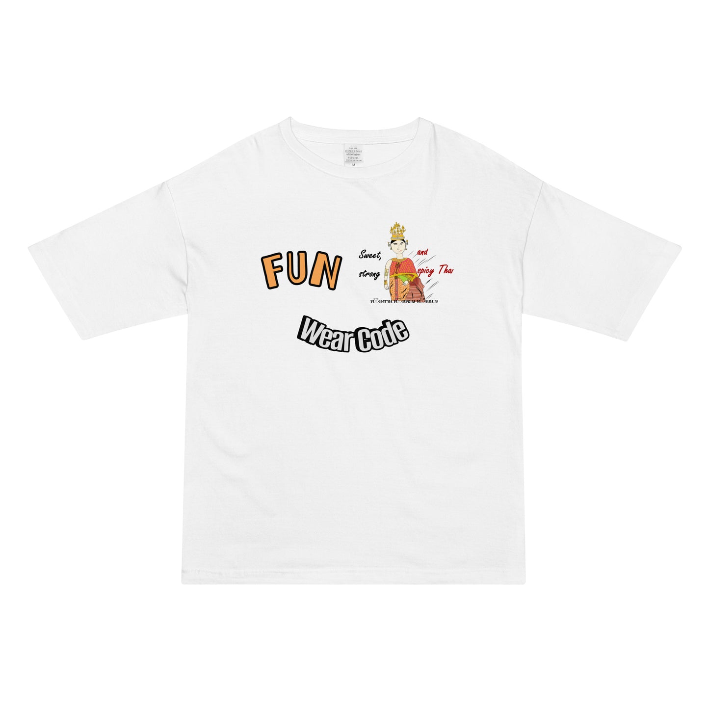 White t-shirt with 'FUN Wear Code' text and a playful Thai woman graphic on a white background