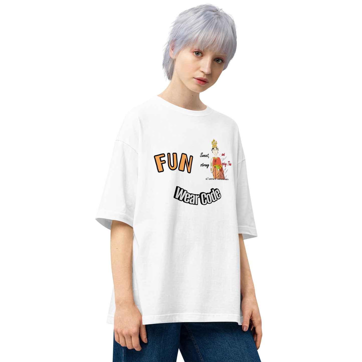 Person wearing a white t-shirt with 'FUN Wear Code' text and a playful Thai woman graphic on a white background