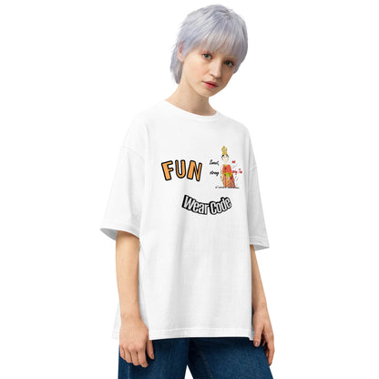Person wearing a white t-shirt with 'FUN Wear Code' text and a playful Thai woman graphic on a white background