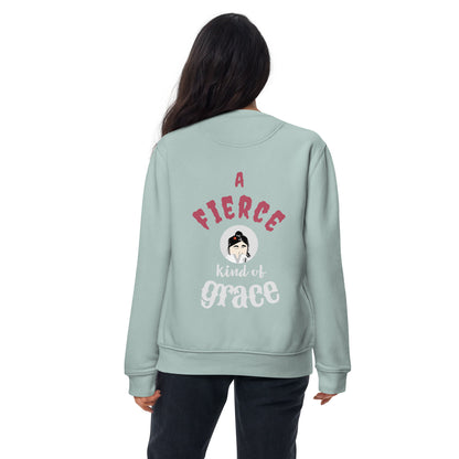Light blue sweatshirt with text and judo graphic on the back, worn by a person.