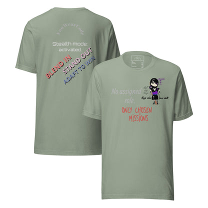 Green t-shirt with a 'Fun Wear Code' text logo, colorful texts and a playful lady ninja graphic design on a white background