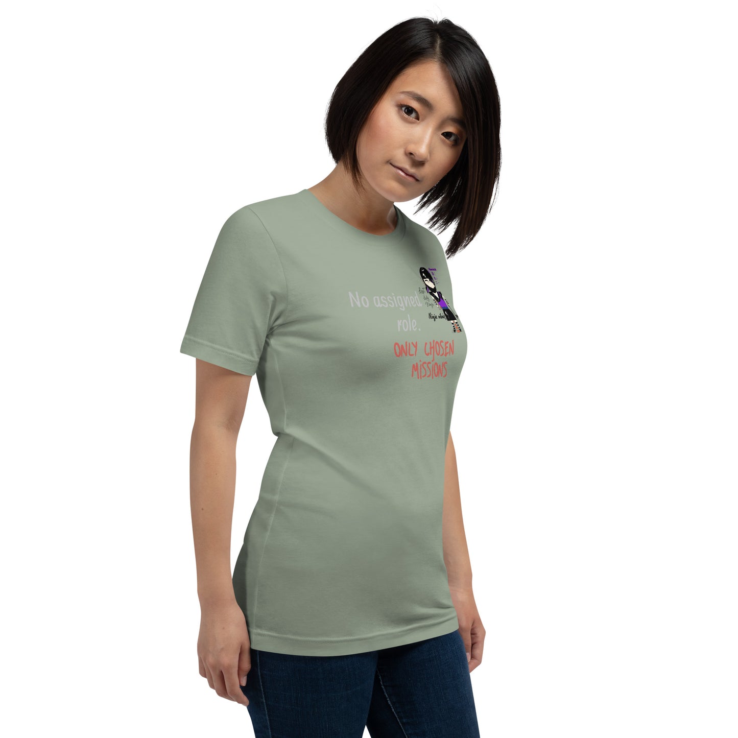 Woman wearing a green t-shirt with text and a playful lady ninja graphic design on a white background