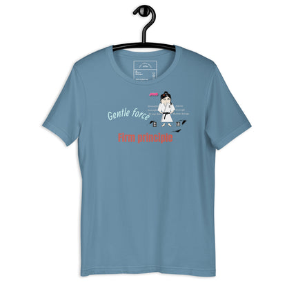 Blue t-shirt with martial arts design and text on a hanger against a white background