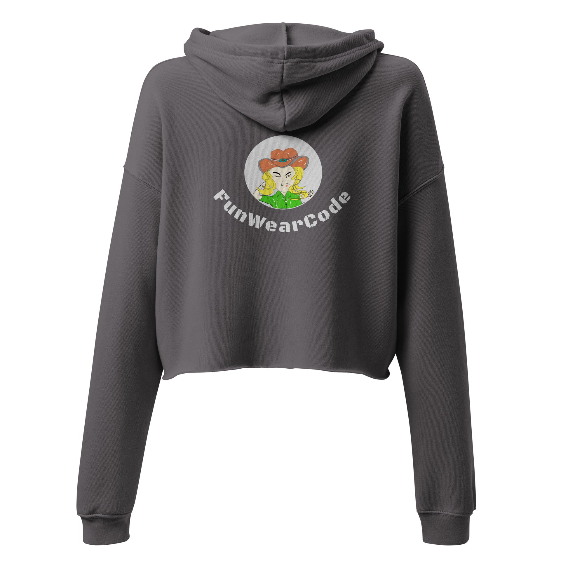 Gray hoodie with FunWearCode logo on the back against a white background