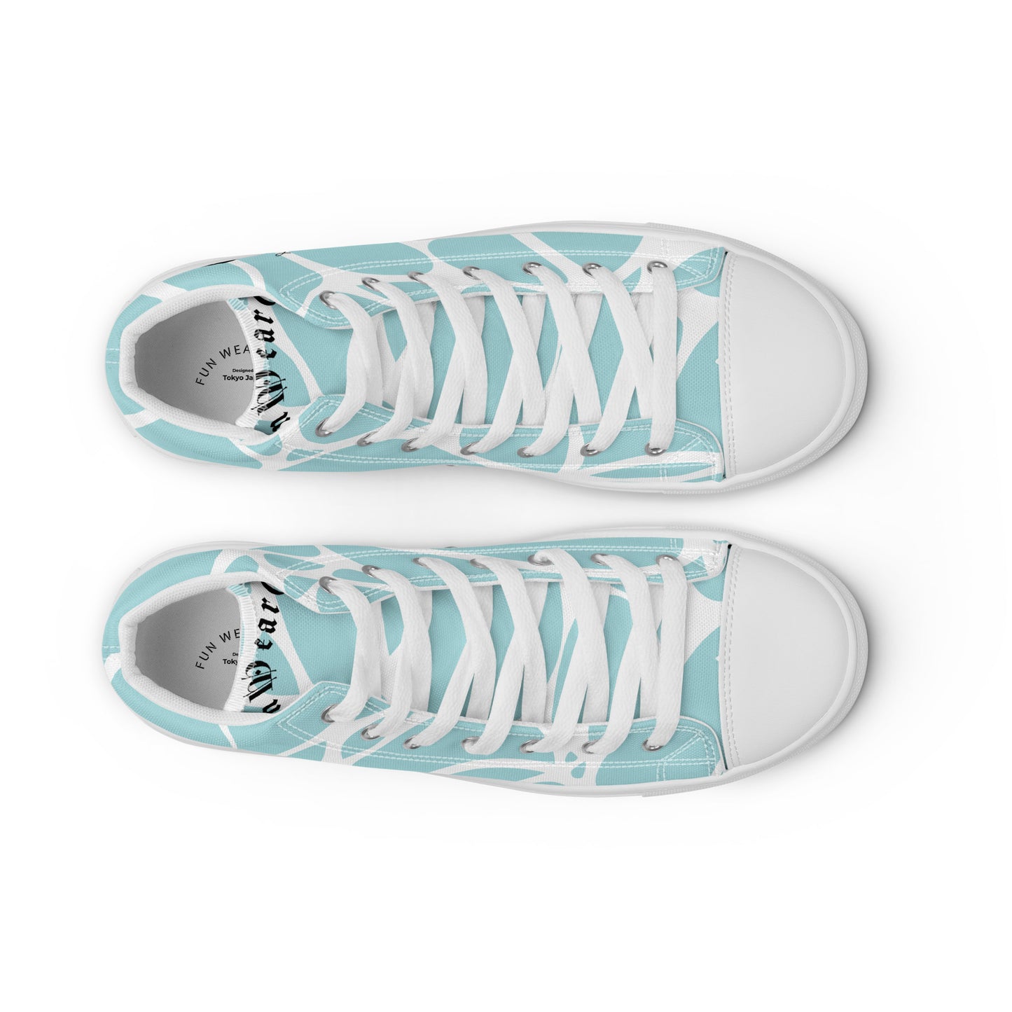 Pair of light blue sneakers with white laces on a white background