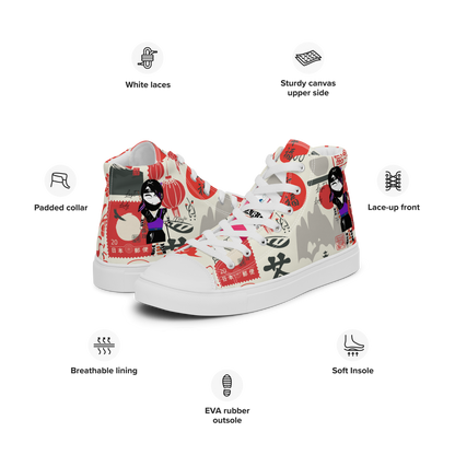 Colorful high-top sneakers with a lady ninja and the other Japanese iconic graphic design on a white background, featuring text labels 'Funwearcode'.