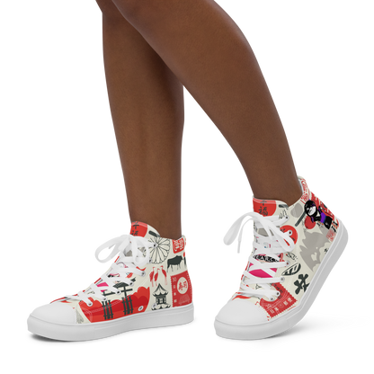 Colorful high-top sneakers with a lady ninja and the other Japanese iconic graphic design, featuring text labels 'Funwearcode', worn by a person on a white background
