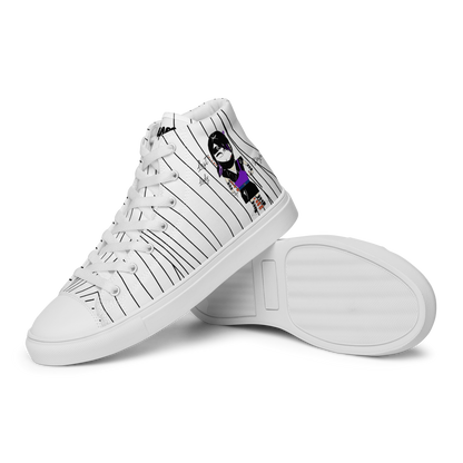 White black stripe high-top sneakers with a lady ninja graphic design on a white background