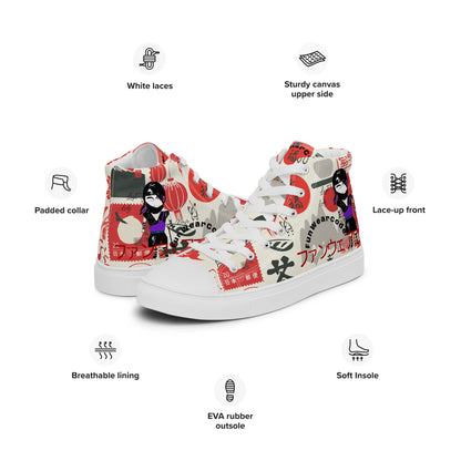 high-top sneakers with colorful Japanese-themed graphic design, and with a ninja graphic and 'Fun Wear Code' text logo on a white background