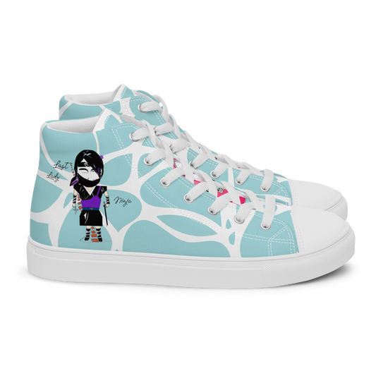 High-top sneakers with a lady ninja graphic design, featuring text 'Last lady ninja' on a light blue patterned background