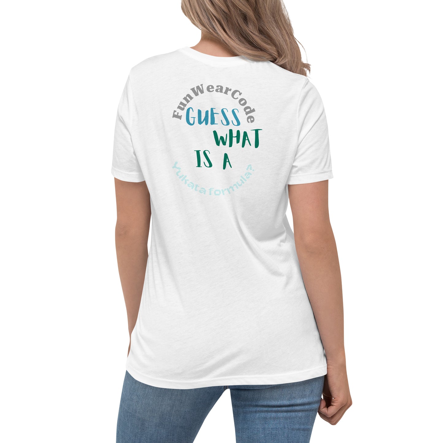 White t-shirt with a 'Fun Wear Code' text logo and fun quote on the back worn by a person, on a white background